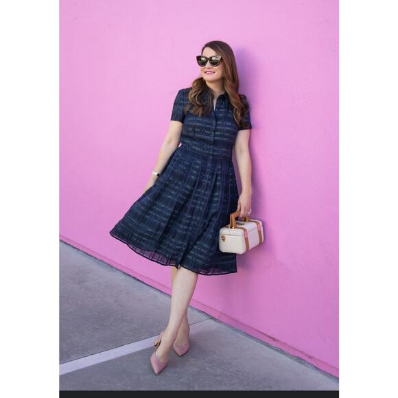 Gal Meets Glam Mackenzie Dress 14 Windowpane Jacquard Navy Plaid Shirt Dress - Picture 2 of 10